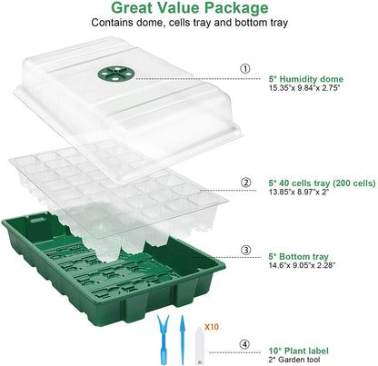 MIXC Seedling Trays Seed Starter Tray, 5-Pack Mini Propagator Plant Greenhouse Grow Kit with Humidity Vented Domes and Base for Seeds' Starting (40 Cells Per Tray, Total 200 Cells), Green