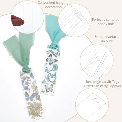 BEAMARKER Bookmark Making Kit 12Pcs Clear Acrylic Bookmark Blanks with 19 Sheets Flower Butterfly Star Theme Stickers 4m Green White Ribbon and 12 Gift Bags for DIY Crafts Green Theme