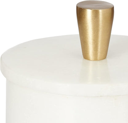 Queenza White Marble Salt Cellar with Lid and Brass Knob, 3 Inch Salt and Pepper Bowls, Kosher Salt Holder for Gifts