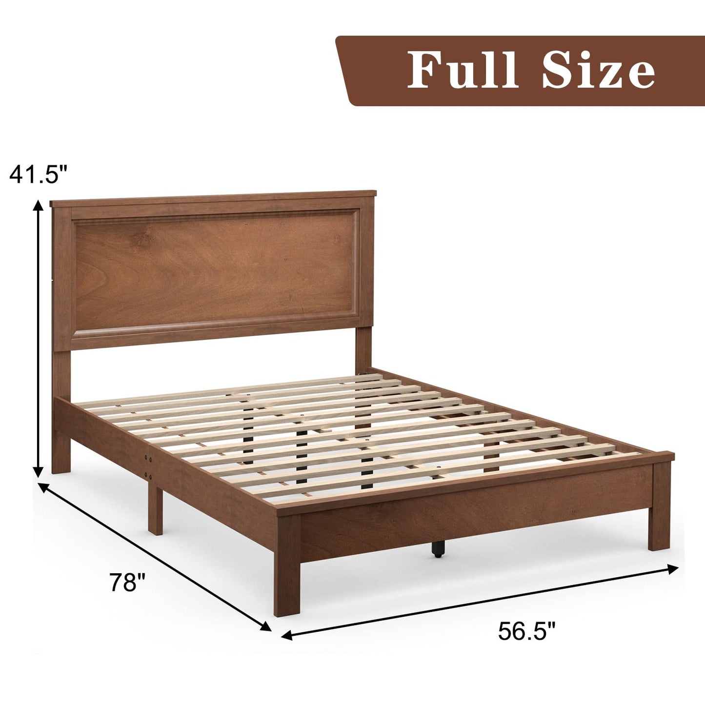 KOMFOTT Full Size Wood Platform Bed Frame with Headboard, Wooden Mid Century Platform Bed with Slat Support & Under Bed Storage, Mattress Foundation Bed Base, No Box Spring Needed, Walnut