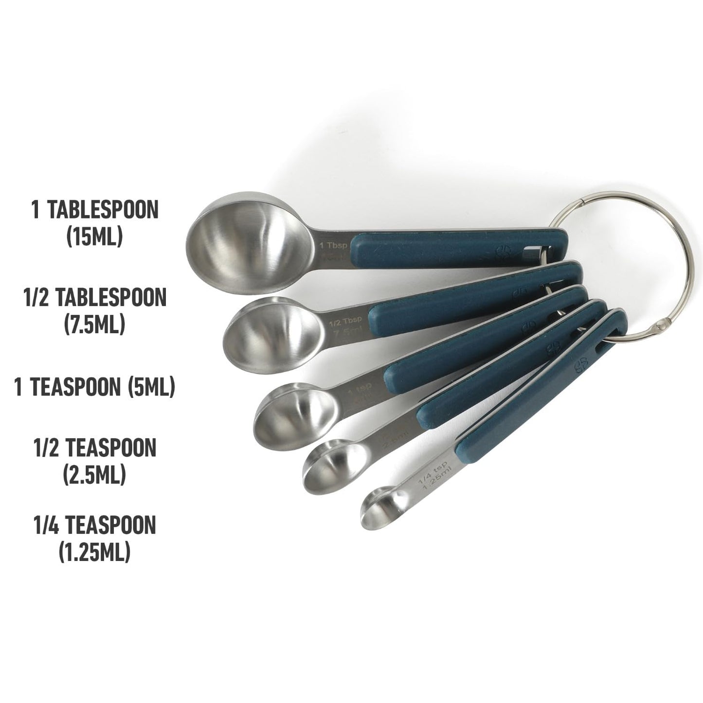 Calphalon Prime 5 Piece Stainless Steel Measuring Spoons W/Navy Blue Silicone Handles