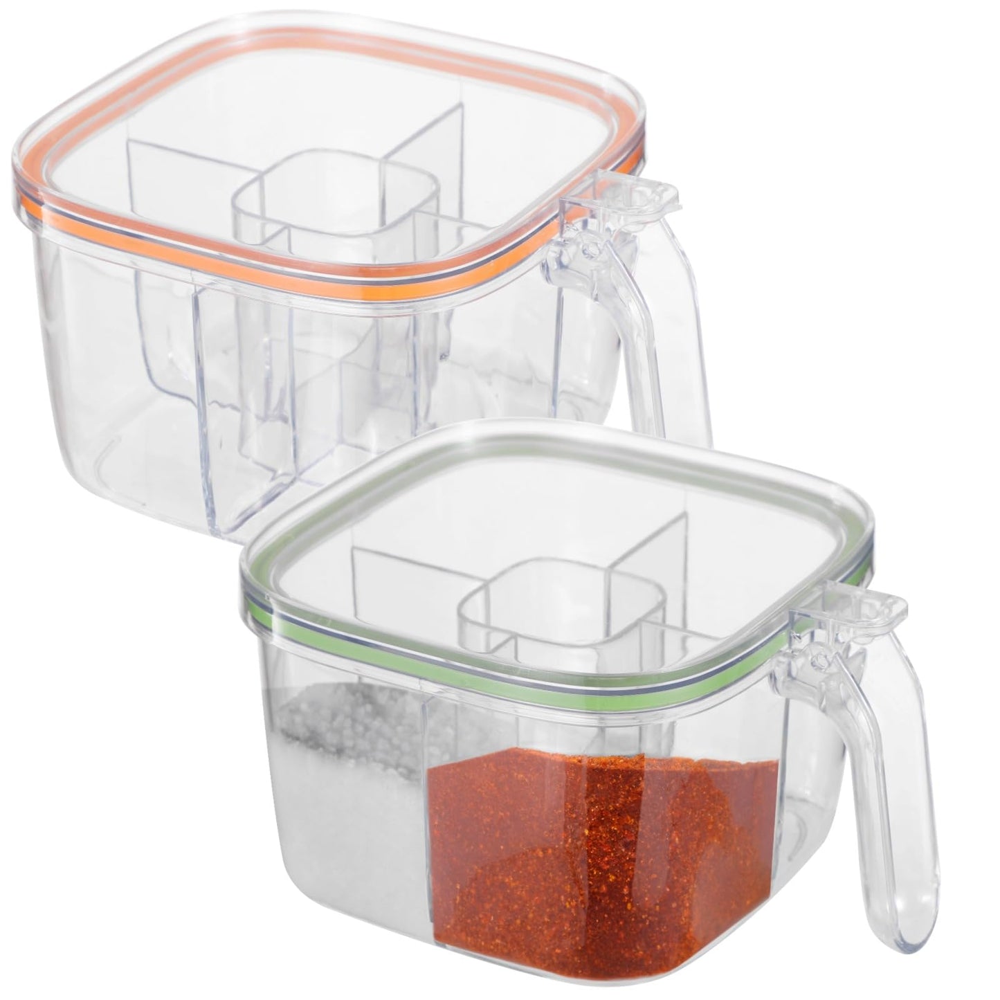 Homaisson 2 Pcs 4-Compartment Seasoning Boxes, Sealed Seasoning Containers with Lids & Spoons, Transparent Spice Organizers, Space-Saving Condiment Jars for Salt, Sugar, Pepper