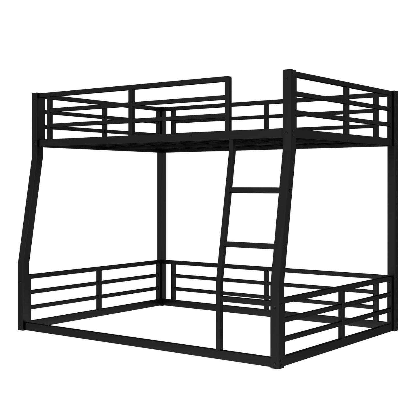 Full XL Over Queen Bunk Bed Frame with Noise Reduced Design, Heavy Buty Floor Bunk Bed Full XL Over Queen Bunk Beds with Build in Ladder for Adults, Teens(Black Floor Bunk Bed)