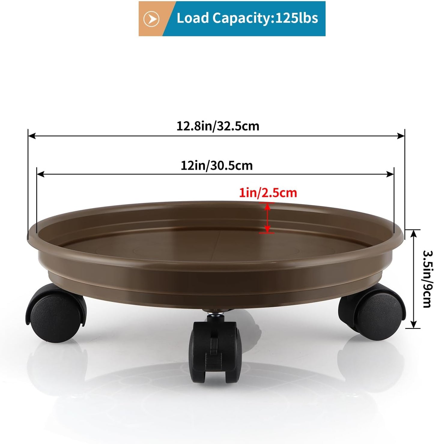 Sanbege 12.8" Pack 2 Resin Plant Caddy with Wheels, Round Plant Pallet, Plant Pot Trolley, of (Brown)