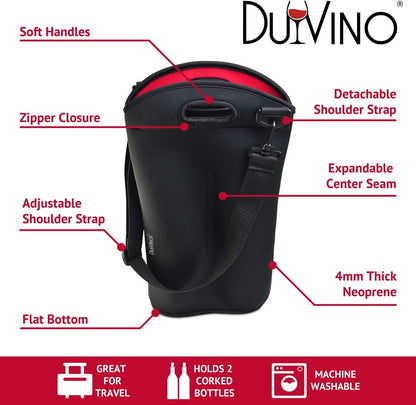 2 Bottle Wine Carrier Travel Bag - Thick Insulating Neoprene Tote, Expandable Design with Adjustable Shoulder Strap