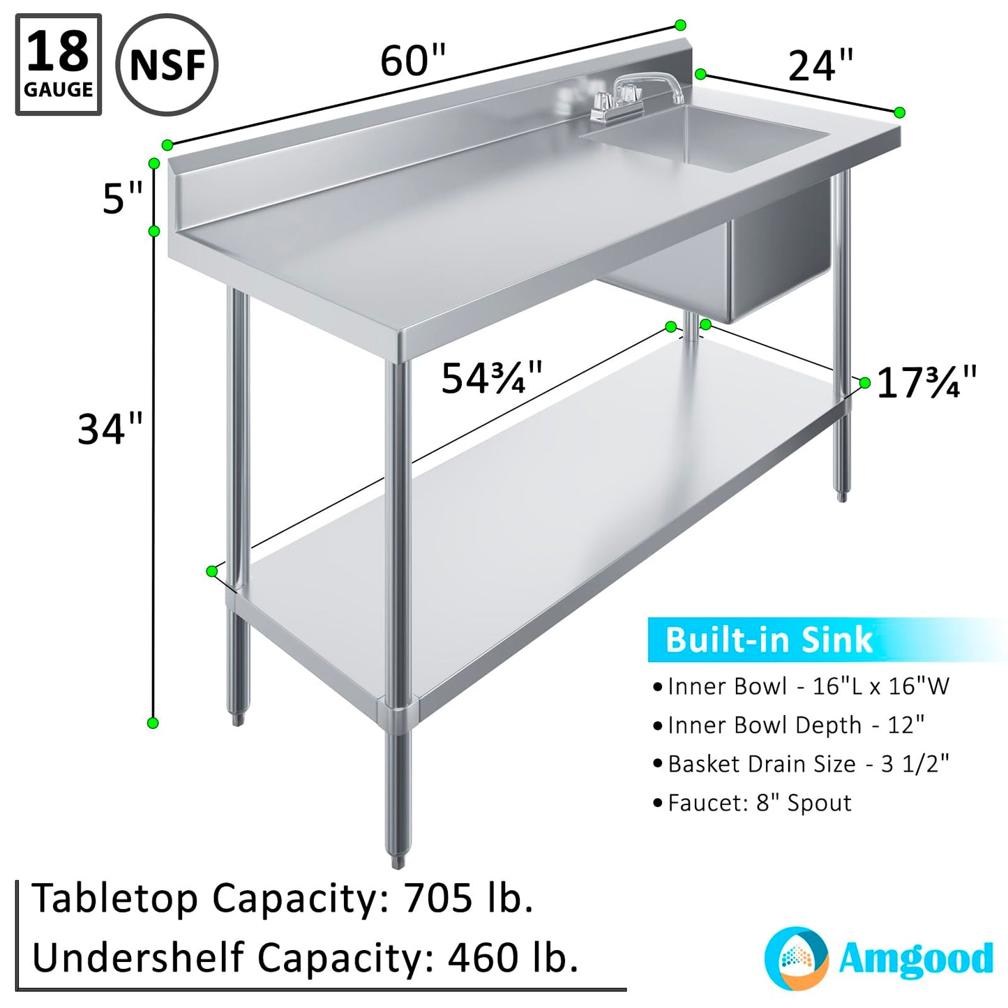 60 Inch Stainless Steel Work Table with Sink, 24 in. x 60 in. Commercial Prep Table with Right Side Sink, Faucet & Undershelf, Heavy Duty Kitchen Utility Workstation, NSF