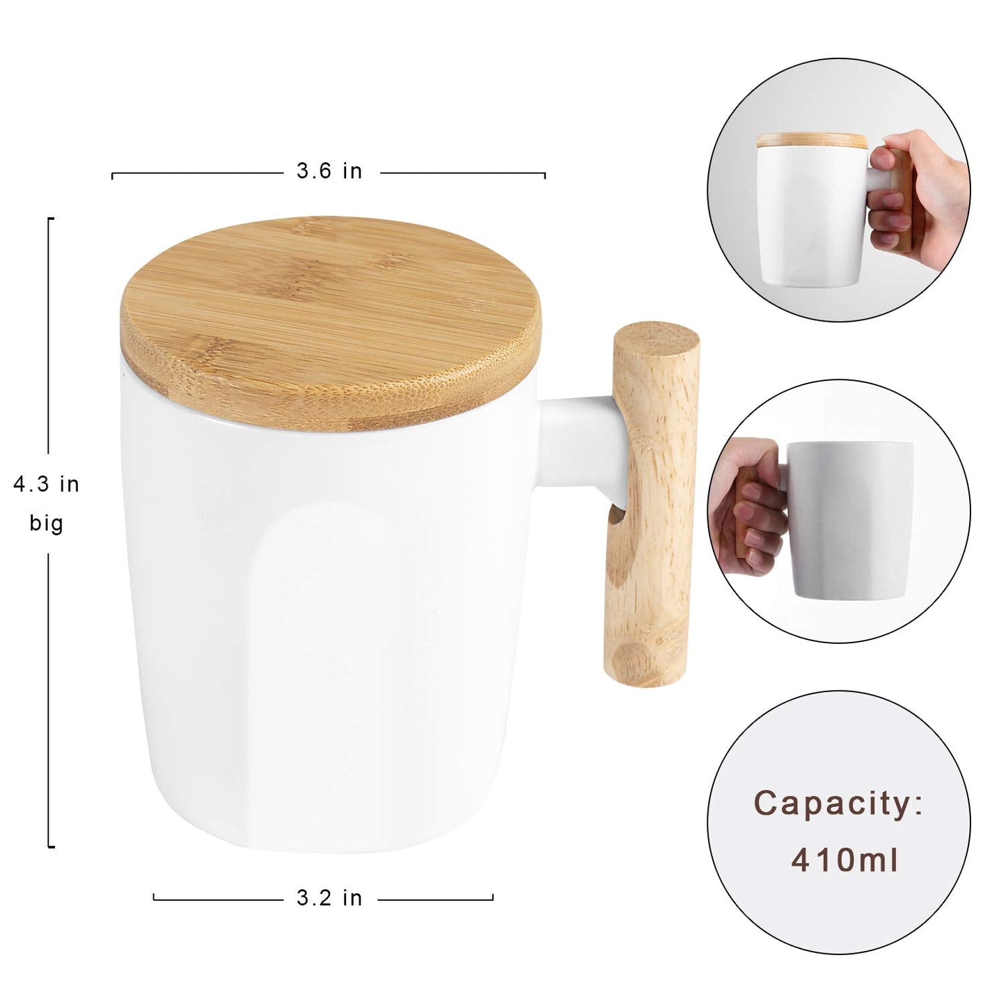 HOWAY Flat Bottom Mug with Wood Lid, Ceramic Tea Cup for Coffee Warmer, Universal, Flat Bottomed, Wooden Handle, 14oz