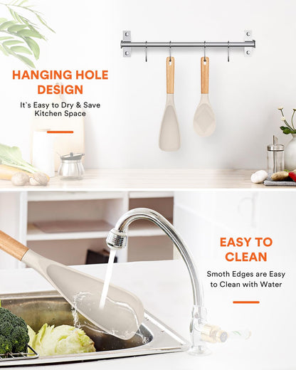 Cooking Spoon and Rice Scooper for Nonstick Cookwares, Great for Cooking and Serving Sturdy BPA-Free Matte Silicone, Wood Handle Spoon for Mixing, Scoop, and Scrape (KHAKI)
