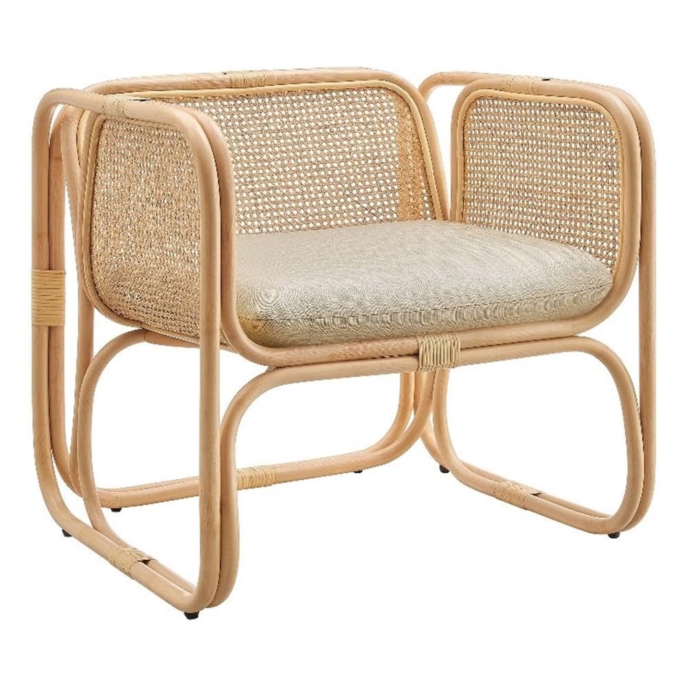 Ellis Natural Rattan Accent Armchair in Natural – Curved Low Lounge Chair with Cushioned Seat for Living Room, Sunroom, or Covered Patio