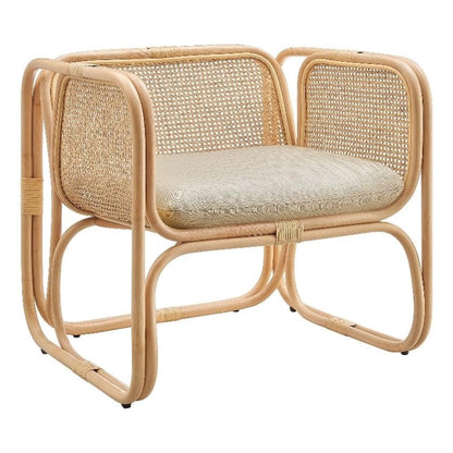 Ellis Natural Rattan Accent Armchair in Natural – Curved Low Lounge Chair with Cushioned Seat for Living Room, Sunroom, or Covered Patio