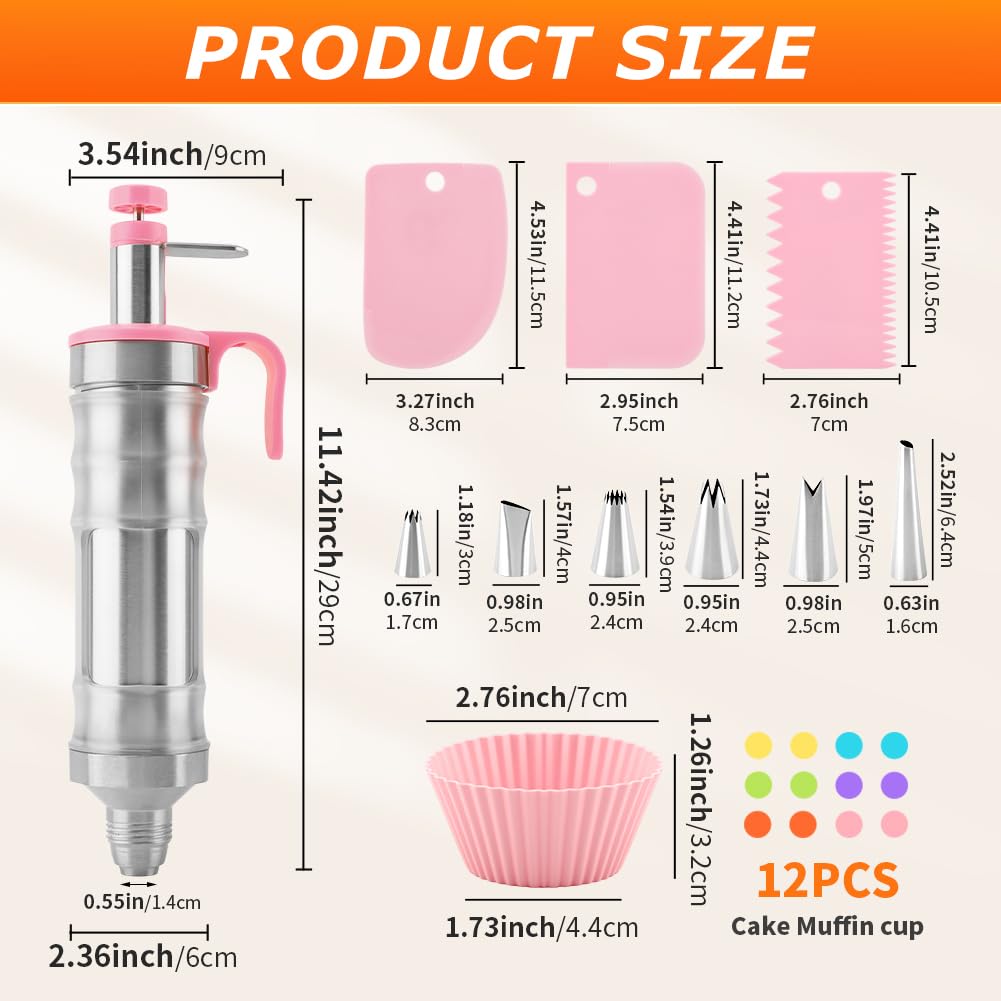 Dessert Decorating Syring-e Set,Frosting Piping Kit,Stainless Steels Cake Decora ting Kit with 6 Pipings Tips & 12 silicone cupcakes,Cupcake Decorating Kit Piping Bags and Tips Set