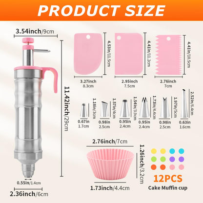 Dessert Decorating Syring-e Set,Frosting Piping Kit,Stainless Steels Cake Decora ting Kit with 6 Pipings Tips & 12 silicone cupcakes,Cupcake Decorating Kit Piping Bags and Tips Set