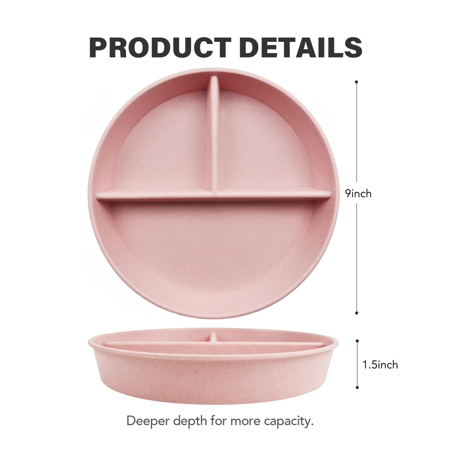 greenandlife 9 Inch 4PCS Divided Plates with Lids, Portion Control Plates for Kids Adults, Dishwasher Microwave Safe Compartment Plate, Unbreakable Lightweight Reusable Wheat Straw Plate Set, INS