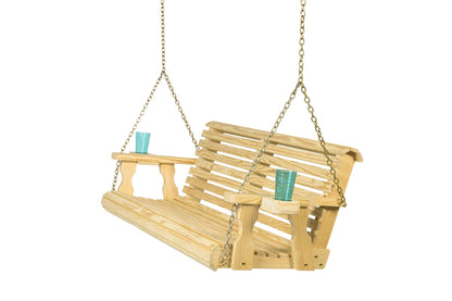 Amish Casual Heavy Duty 700 Lb Capacity Porch Swing with Cup Holders (4 Foot, Unfinished) – Wooden Outdoor Roll Back Swing with Hanging Chains – Amish Made in the USA