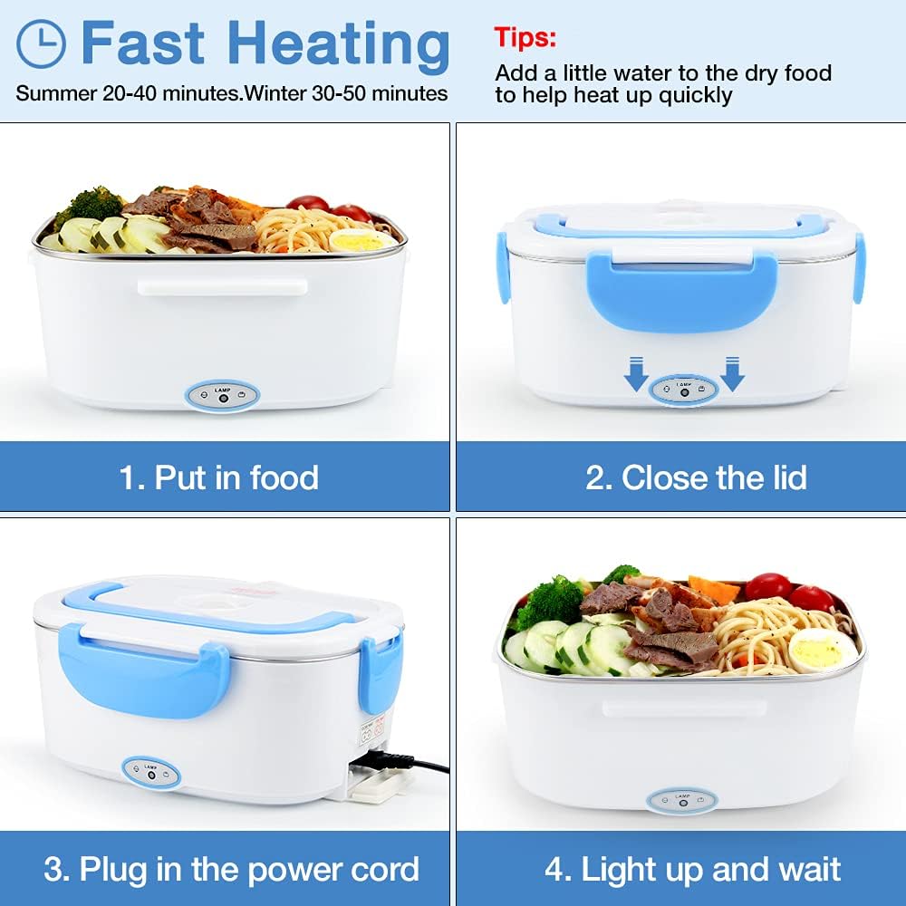 FVW Electric Lunch Box Food Warmer 2 in 1, Portable Heater for Car and Home, Leak Proof, 1.5 L Removable Stainless
