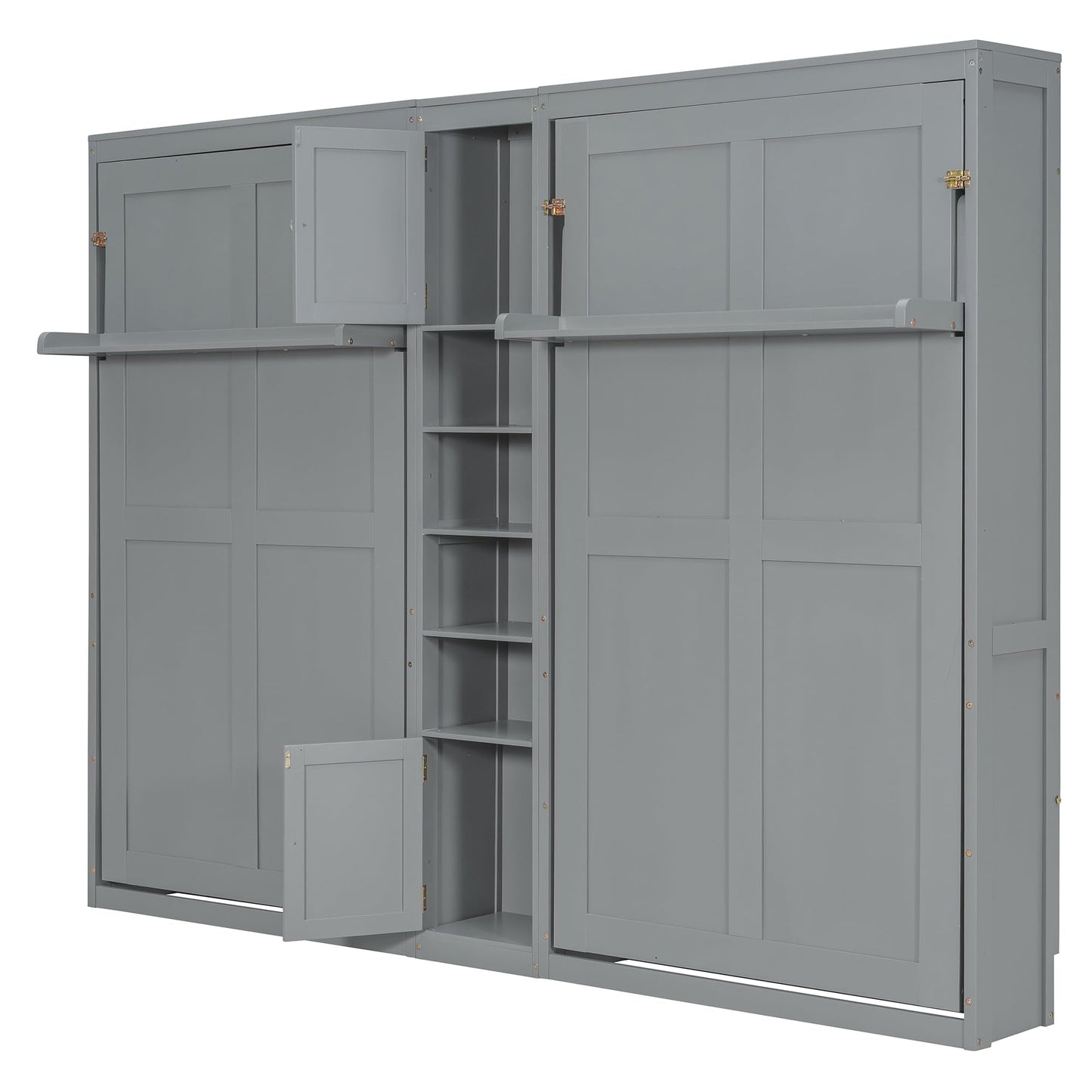 Merax Twin Murphy Bed with Storage Cabinets and Shelves, Dual Twin Wall Bed with Convertible Shelf Legs, Space Saving Foldable Bed for Small Rooms, Guest Room, Gray