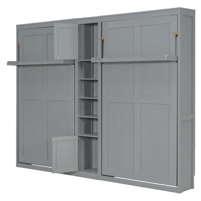 Merax Twin Murphy Bed with Storage Cabinets and Shelves, Dual Twin Wall Bed with Convertible Shelf Legs, Space Saving Foldable Bed for Small Rooms, Guest Room, Gray