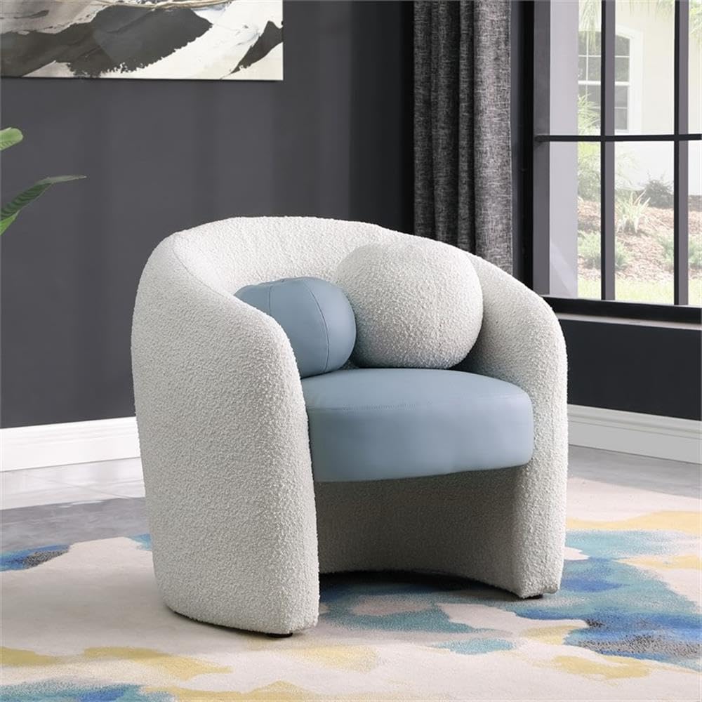 Meridian Furniture 546Blue Acadia Collection Modern | Contemporary Accent Chair with Rich Cream Boucle Fabric, Soft Blue Vegan Leather Seat, Rounded Back, 33.5" W x 30.5" D x 30" H, Blue