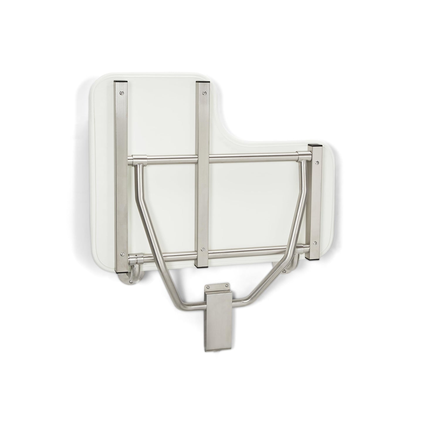 Seachrome Lift-Assist Shower Seat, L-Shaped Right-Hand, ADA, Wall Mount, Padded White Naugahyde