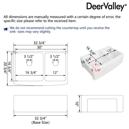 DeerValley Double Bowl White Kichen Sink 33 inch, Ceramic Apron Front Farmhouse Sink, Deep Drop-in Fireclay Undermount Large Sinks with Grid & Strainer