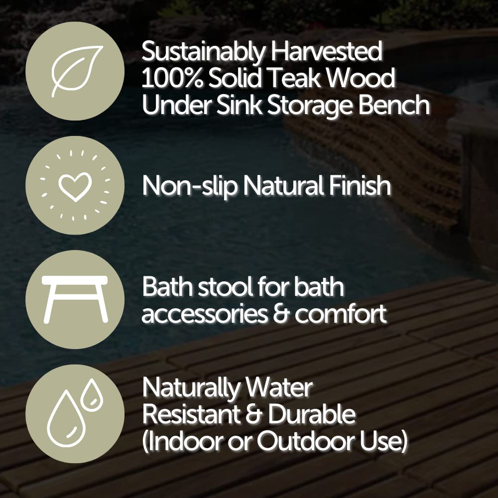 NORDIC STYLE TEAK Wood Shower Stool and Spa Bench with Shelf, Teak Shower Bench for Indoor and Outdoor Use, Teak Storage Bench, Teakwood Shower Bench, Natural Finish, 35"