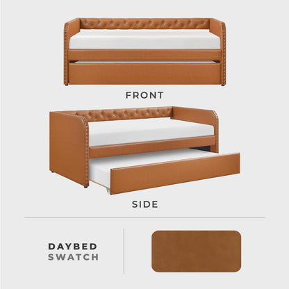 Lexicon Faux Leather Daybed with Trundle, Solid Wood Frame, Nailhead Trim, Wood Slat Support, Button Tufted Trundle Day Bed Sofa Bed for Bedroom/Guest Room, No Box Spring Needed, Twin, Matte Brown