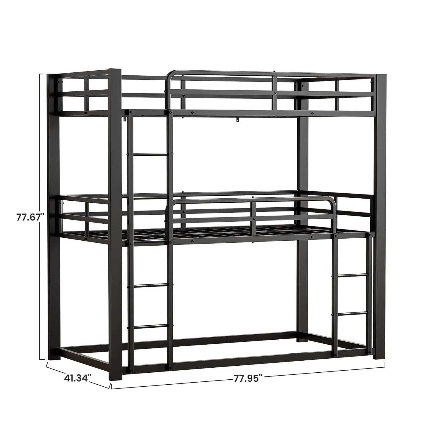 Mixcous Metal Triple Bunk Bed, Twin Over Twin Over Twin Heavy Duty Bunkbeds, Full-Length Guardrail Family-Friendly for All Ages, Bedroom, No Box Spring Needed, Easy Assembly, Black