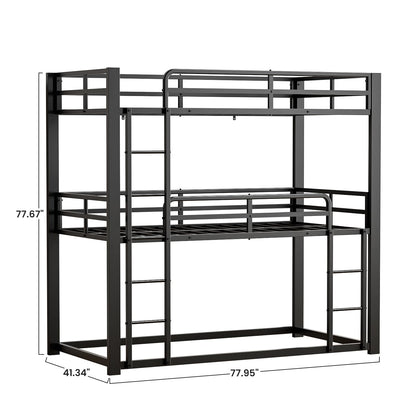 Mixcous Metal Triple Bunk Bed, Twin Over Twin Over Twin Heavy Duty Bunkbeds, Full-Length Guardrail Family-Friendly for All Ages, Bedroom, No Box Spring Needed, Easy Assembly, Black