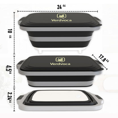 Verdvoca 2Pcs XXL & 1x 16L Collapsible BBQ Prep Tubs/Cutting Board with Lids for Fruit Prep & Washing, Meal Marinating and Food Storage (30L Orange +30L Black+16L Black)