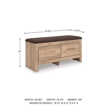 Signature Design By Ashley Hollymount Upholstered Bedroom Storage Bench, Two Drawers, Bronze Hardware, Wood/Fabric, 43.62" W x 15.75" D x 20" H, Tan/Brown