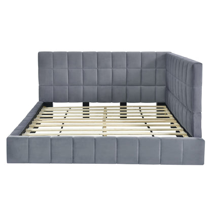 Ball & Cast Full Size Daybed, Velvet Upholstered Day Bed Frame with Tufted Backrest & Armrest,Modern Sofa Bed,Classic Floor Bed with Solid Wood Slats Support,No Box Spring Needed,Gray