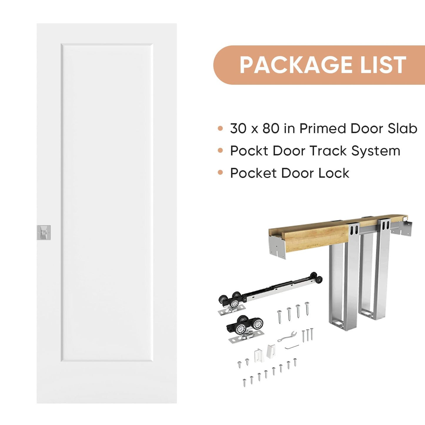 BARNSMITH 30in x 80in Sliding Pocket Door, Track Hardware and Frame Kits with 1-Panel White Paintable Door Slab & Satin Nickel Privacy Latch Included, Soft Close Mechanism, Durable and Smooth