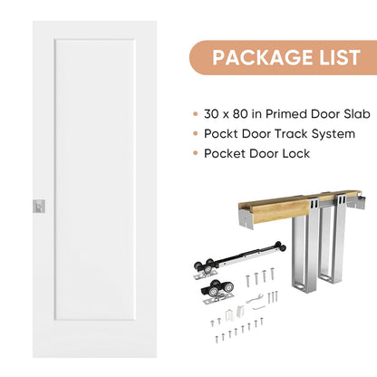 BARNSMITH 30in x 80in Sliding Pocket Door, Track Hardware and Frame Kits with 1-Panel White Paintable Door Slab & Satin Nickel Privacy Latch Included, Soft Close Mechanism, Durable and Smooth