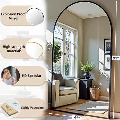 OGCAU Floor Full Length Mirror, 81"x41" Arched-Top Hanging, Leaning or Standing Mirror, Full Body Wall Mounted with Aluminum Frame for Living Room, Bedroom (Black)