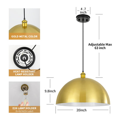 YOGIRL Gold Pendant Light, 20" Farmhouse Ceiling Light with Gold and White, Elegant Semi-Circular Shade Design, Adjustable Height Industrial Dome Pendant Lights for Kitchen Island, Dining Room