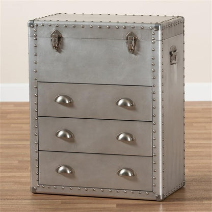 BOWERY HILL 3-Drawer Mid-Century Metal Accent Storage Chest, Silver Finish, Wood and Metal Construction, Vintage-Inspired Rivet Details, Lift-Top Compartment, Bedroom, Living Room, or Entryway Use