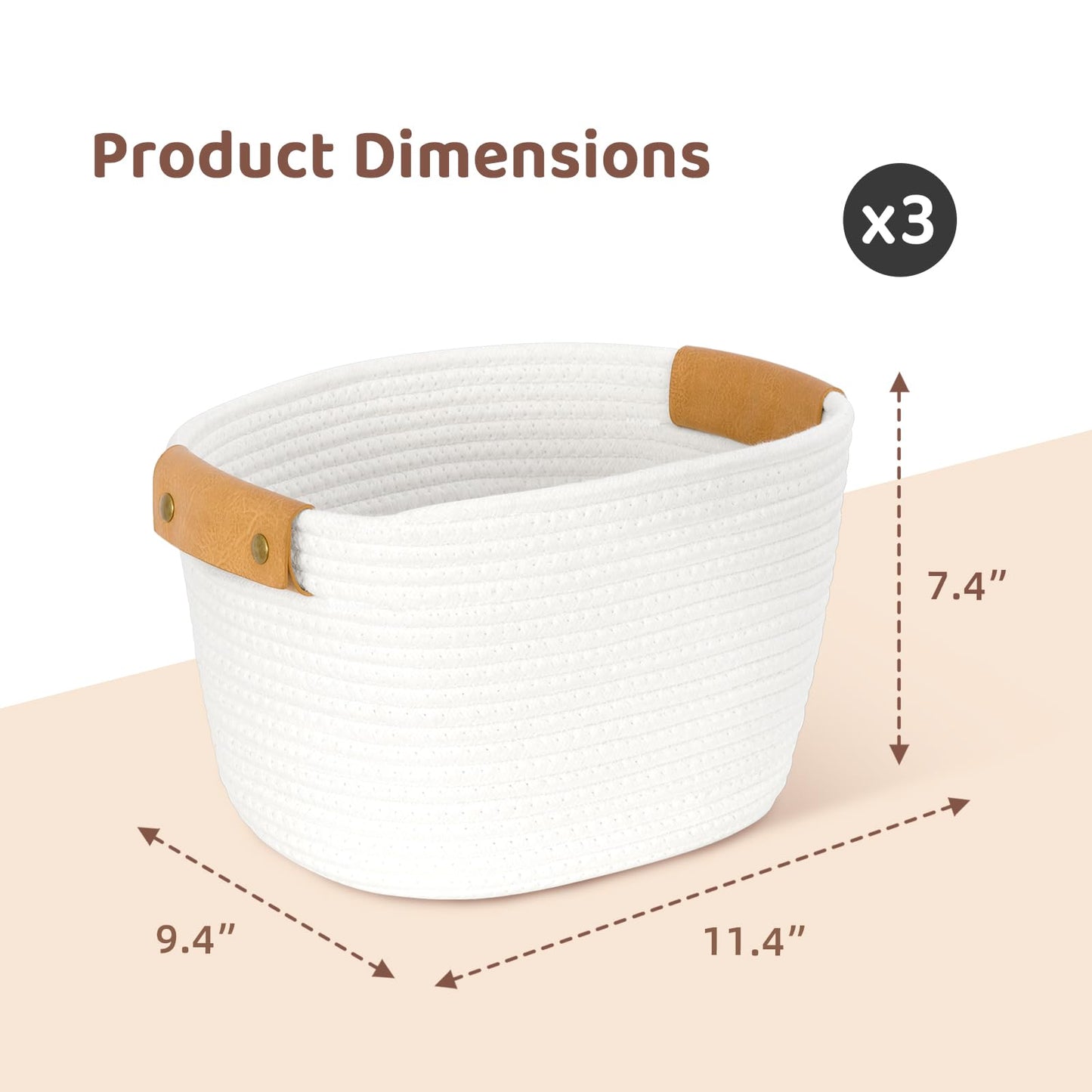 OOOK Storage Basket Set, 3 Pack Baskets for Shelves, White Storage Baskets for Organizing Toys, 11.4"Lx9.4"Wx7.4"H