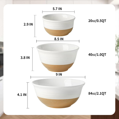 HASENSE Ceramic Mixing Bowls, Large Serving Salad Pasta Bowls Set, 2.1/1.0/0.5 Qt for Entertaining, White Nesting Batter Bowls for Prepping Baking, Dishwasher Microwave Safe, Set of 3