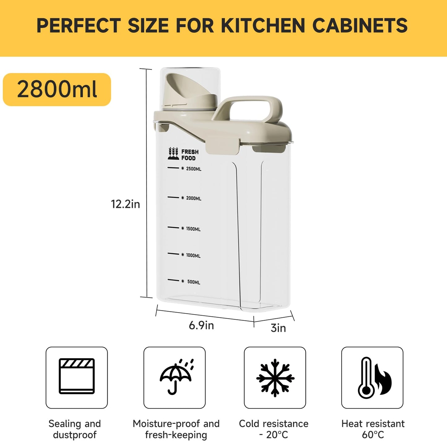 Rice Containers 5.5lbs and Cereal Storage Dispenser-Airtight Food Storage Organizers BPA free Plastic Kitchen Storage Containers food-grade PET material Suitable for rice, cereal, flour,etc(White)