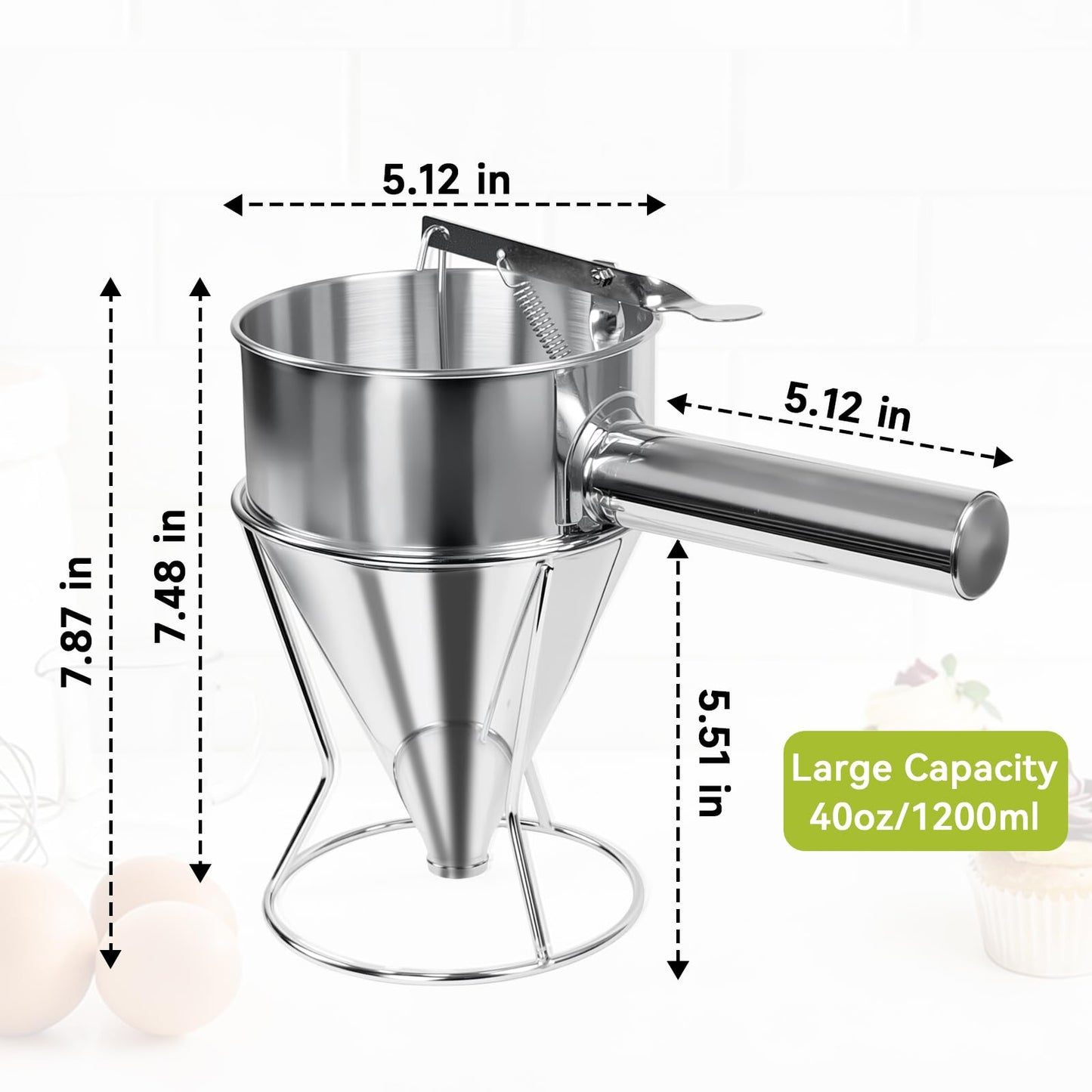 Lyhubmh 40oz Stainless Steel Pancake Batter Dispenser, Pancake Dispenser with Stand and Squeeze Handle, 4 Interchangeable Nozzles for Pancakes, Cupcakes, Waffles and Baked Goods