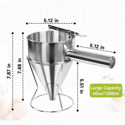 Lyhubmh 40oz Stainless Steel Pancake Batter Dispenser, Pancake Dispenser with Stand and Squeeze Handle, 4 Interchangeable Nozzles for Pancakes, Cupcakes, Waffles and Baked Goods