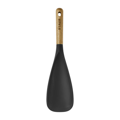 STAUB Multifunction Spatula Spoon, Great for Both Cooking and Serving Durable BPA-Free Matte Black Silicone, Acacia Wood Handles, Safe for Nonstick Cooking Surfaces