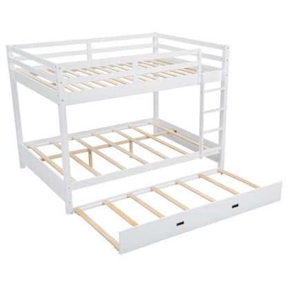 Merax Modern Queen Over Queen Size Wood Bunk Bed with Ladder and Twin XL Trundle, No Box Spring Required, Space-Saving, White