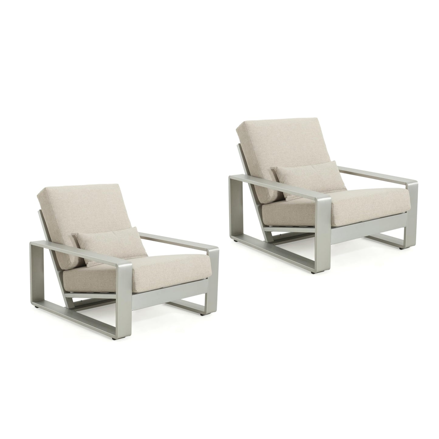 Christopher Knight Home Aspen Aluminum Outdoor Club Chair Set of 2, Lounge Chair Outdoor with Cushions, Indoor Metal Accent Chair, Tilt Backrest Recliner for Backyard, Garden, Balcony, Silver+Beige