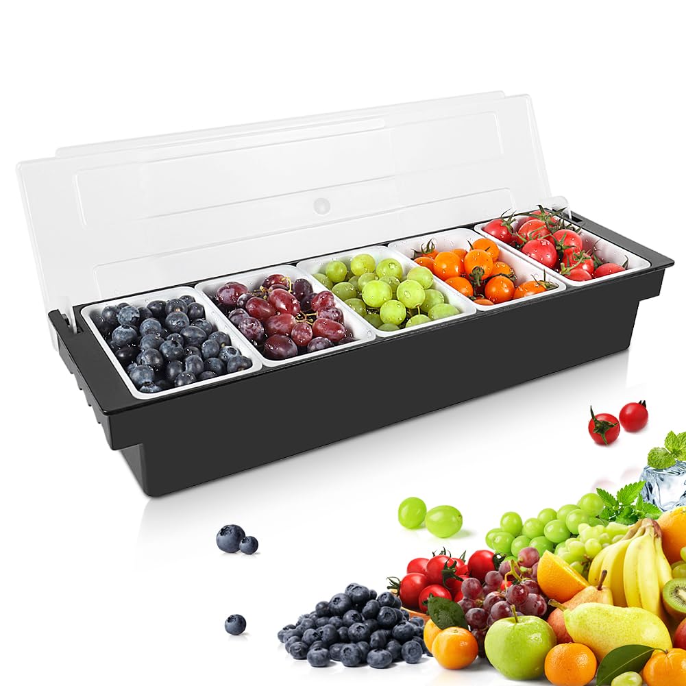 ZXXSFM Condiment Garnish Tray Caddy For Bartenders,Bar Garnish Fruit Caddy With Lid,Plastic Condiment Container For Bartending,Outside Parties (5 Compartment)