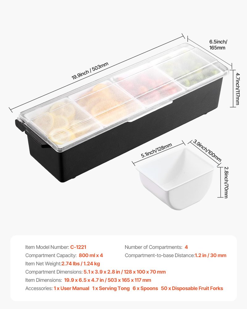 VEVOR Chilled Condiment Server, 4 Compartment Ice Cooled Condiment Serving Container, Chilled Garnish Tray Bar Caddy with Lid, for Bartending & Serving Taco, Salad, Fruit, Home & Restaurant Supplies