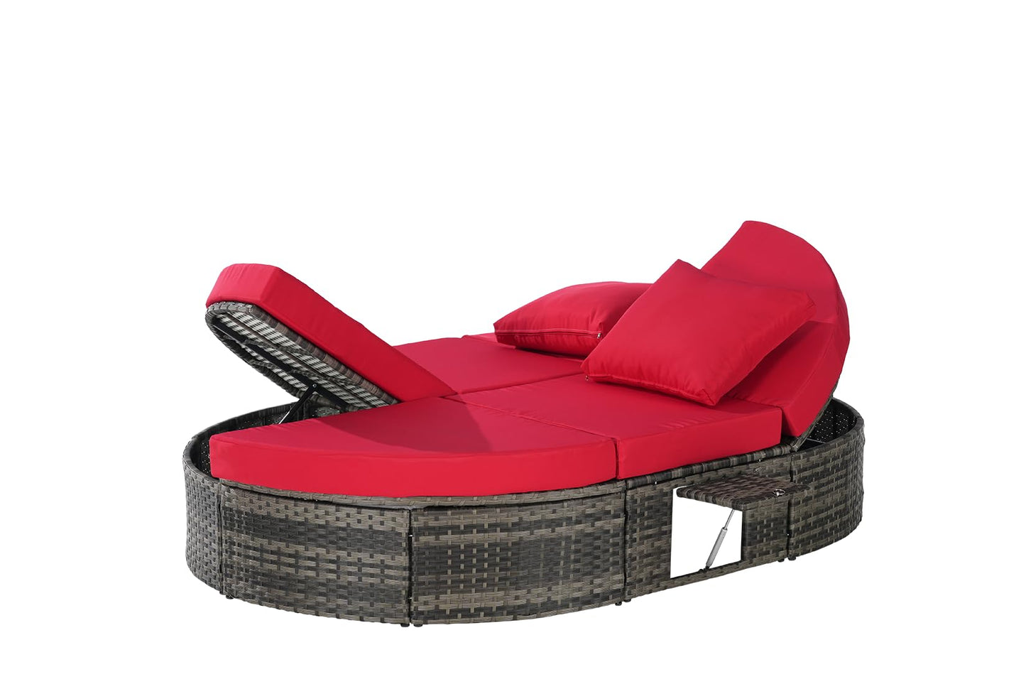 Bituman Luxury Round Patio Daybed with Pillows, Foldable Wicker Sun Lounger Featuring Adjustable Backrests & Cup Holders, 600lbs Heavy Duty Steel Frame, Fully Assembled Outdoor Furniture for Poolside
