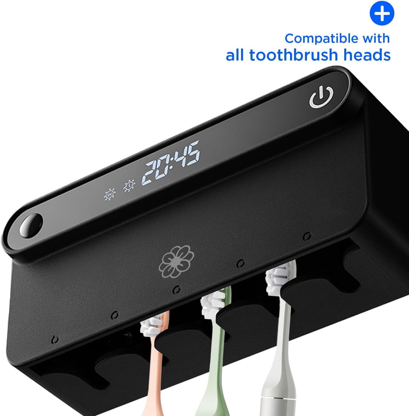 3M 5 Bloom Toothbrush Sanitizer and Holder for Bathroom Walls, Strong Adhesive, Time Display, Long-Lasting Charge