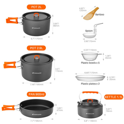 Odoland 15pcs Camping Cookware Non-Stick Lightweight Camping Pots and Pans Set with Kettle Plastic Plates Bowls Soup Spoon for Camping, Backpacking, Outdoor Cooking and Picnic (15PCS w/Kettle)
