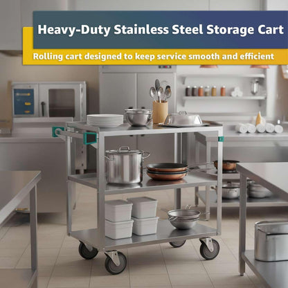 19" x 30.5" Commercial Stainless Steel Utility Cart NSF - Three Shelf Rolling Service Cart with Handle and 5" Casters - 300 lb Capacity, Rolling Cart for Warehouse and Restaurant